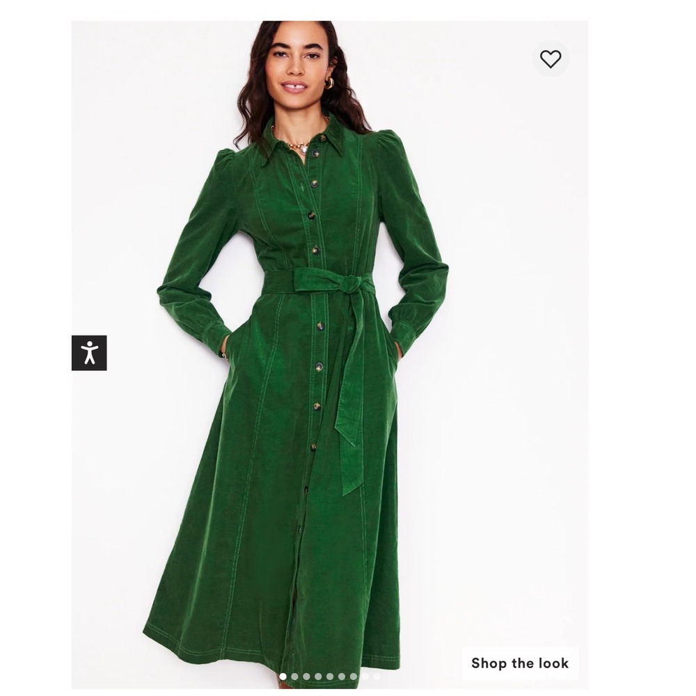 Boden Aubrey Cord Midi Shirt Dress Green Cotton Corduroy Pockets US 6P D1081-GRN